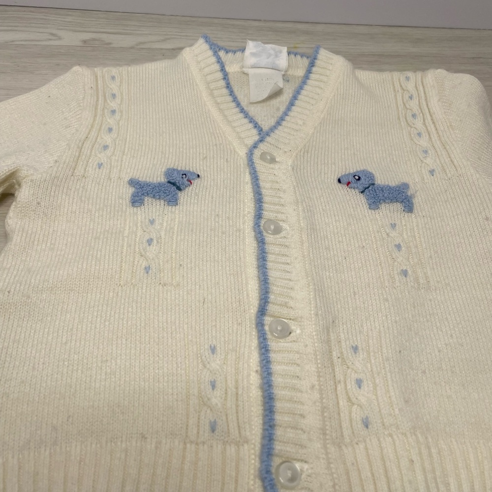 VNTG Nann-Knits Off White&Blue Dogs 9-12months Cardigan Sweater Acrylic Unisex - Picture 3 of 11